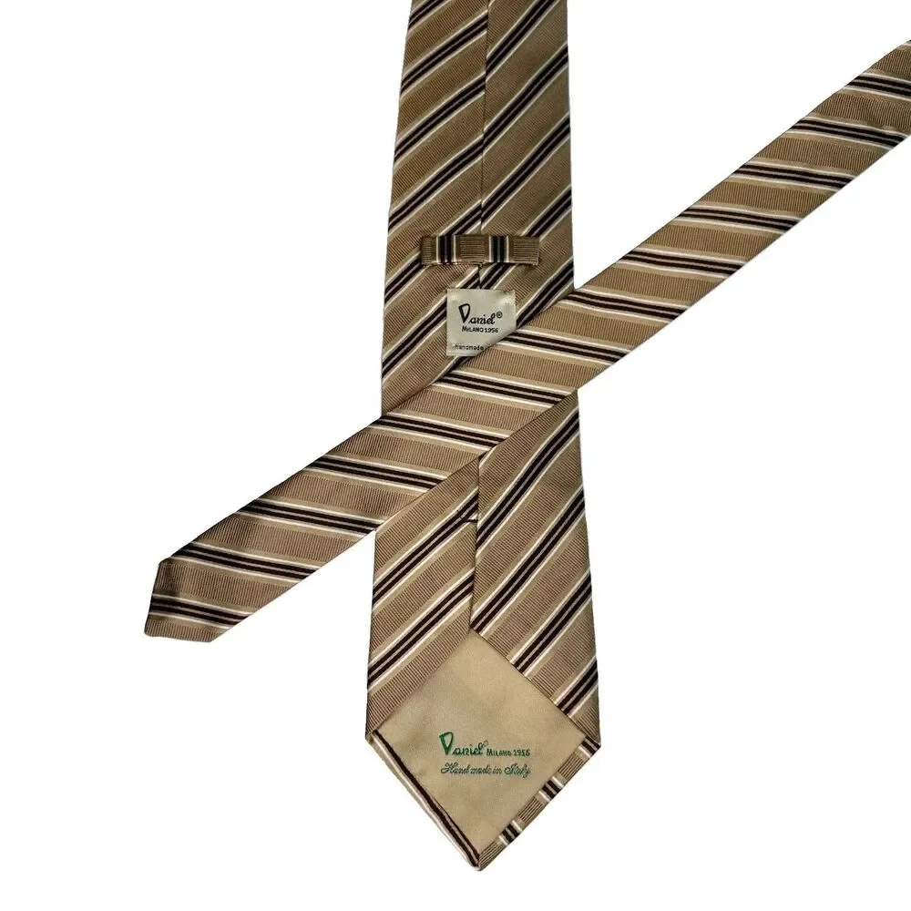 DANIEL Milano 1956 - Men's Silk Tie Brown Tan White Stripe REPP 60